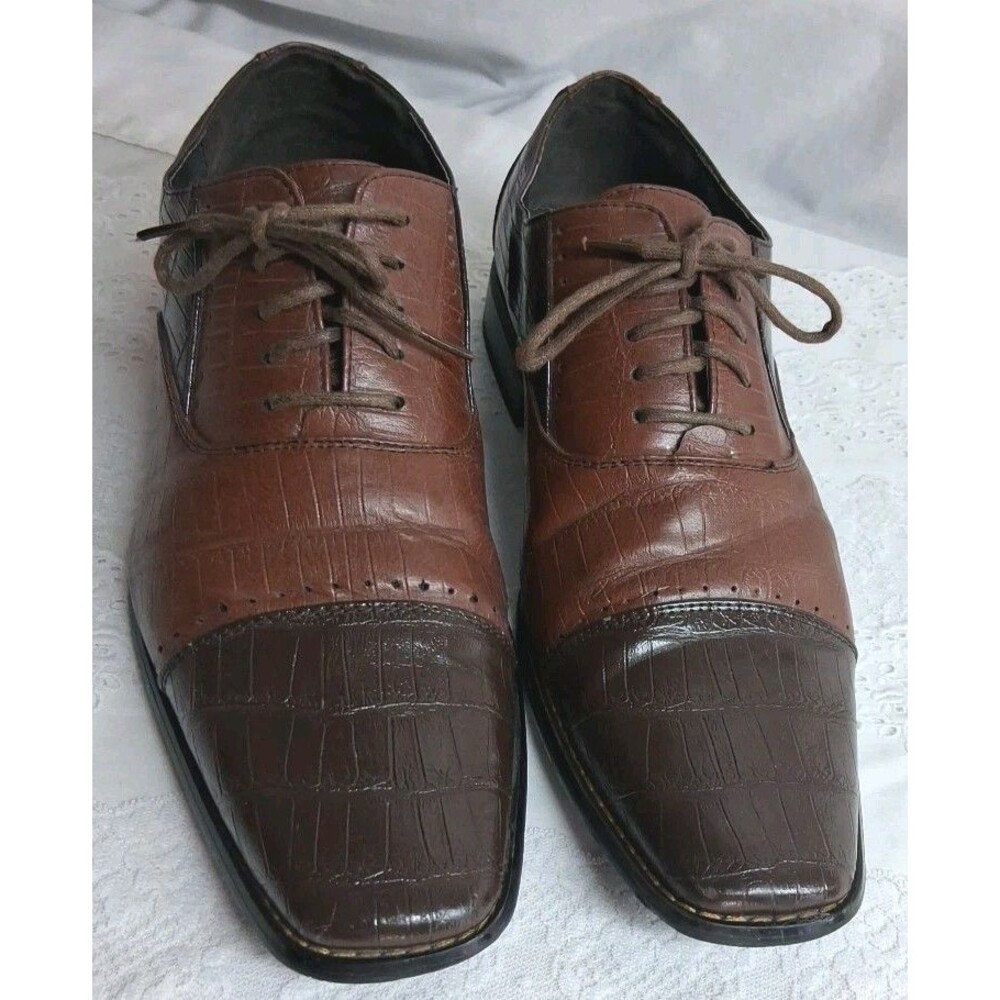 Masimo Mens 10 Two Toned Brown Oxford Crocodile Embossed Faux Leather Shoes